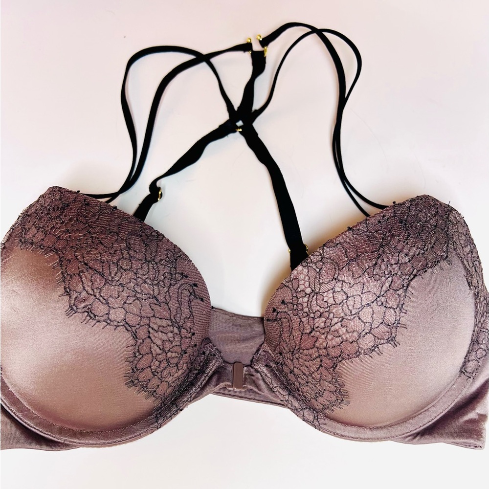 VICTORIA’S SECRET VERY SEXY PUSH-UP in DARK BROW SATIN FABRIC WITH LACE SZ 34C